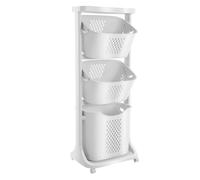 3 Layer Laundry Basket, Bathroom Clothes Storage Basket Household Kitchen Shelf Fruit Stand with Wheels, Multi-functional Kitchen Bathroom Laundry Hamper, White
