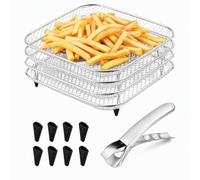 3 Layer Square Air Fryer Rack, 304 Stainless Steel Airfryer Accessories | Stackable Air Fryer Basket with Anti Scald Holder Clip 8 Silicone Feet for Roasting Baking Cooling Oven Dishwasher Safe