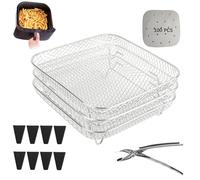 3-Layer Square Air Fryer Rack Set Including 8 Heighten Feet 100pcs Parchment Paper and Clip,Air Fryer Accessories,Compatible with Ninja Speedi 5.7L COSORI 5.5L Instant Vortex 5.7L Tefal 6.5L