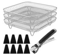 3 Layer Square Air Fryer Rack Stackable Airfryer Accessories for 5L-7.5L air fryers,20x20x4cm 304 Stainless Steel Air Fryer Basket with 8 Feet and Clip for Baking Compatible with Ninja Tower Phillips
