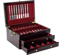 3-Layer Wooden Cutlery Box, Felt Lined Storage Case with Handle - Holds 12-16+ Piece Flatware Sets