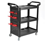 3 Level Workshop Garage Tool Storage Trolley Cart Plastic, Heavy Duty Rolling Tools Trolleys Carts on Wheel with 8pcs Hooks and Hanging Plate, Push Along Utility Cart w/ 2 Side Handles