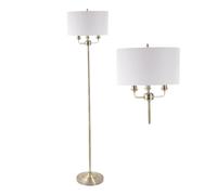 3 Light Antique Brass Floor Standard Light with Grey Fabric Shade