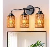 3-Light Bathroom Light Fixtures Vanity Lights Over Mirror, Rustic Farmhouse Rattan Wall Sconce with Boho Hand Woven Wall Lamp Natural Style Wall Mounted Light Vanity Lighting for Bedroom Hallway