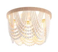 3-Light Boho Wood Beaded Chandelier Oak Finish Semi Flush Mount Ceiling Light Fixture White Pendant Hanging Light for Kitchen Island Dining Room Bedroom y