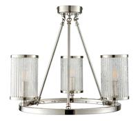 Loops 3 Light Chandelier Pendant Nickel Ribbed Glass Shade Hanging Ceiling Lamp Holder in Metallics Loops Metallics