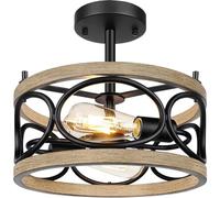 3-Light Farmhouse Semi Flush Mount Ceiling Light Fixture,Rustic Drum Wood Ceiling Lamp for Hallway Kitchen Entryway Foyer Bedroom Laundry Room,Nature Wood Texture and Black Metal Fence Finish