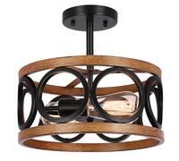 3-Light Farmhouse Semi Flush Mount Ceiling Light Fixture,Rustic Drum Wood Ceiling Lamp for Hallway Kitchen Entryway Foyer Bedroom Laundry Room,Nature Wood Texture and Black Metal Fence Finish
