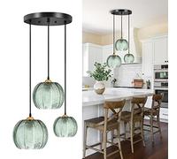 3-Light Pendant Light, Retro Green Striped Glass Lampshade E27 Height Adjustable Ceiling Hanging Lamp, DIY Chandelier for Kitchen Island/Dining Room/Living Room/Bedroom
