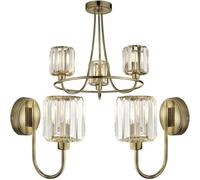3 Light Semi Flush Ceiling Lamp & 2X Matching Wall Lights - Antique Brass Faceted Glass Shade