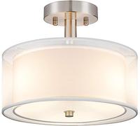 3-Light Semi Flush Mount Ceiling Light Fixture, Drum Light with Double Fabric, Modern Ceiling Lamps for Living Room,Bedroom,Dining Room,Kitchen,Hallway, Entry (White) Made in China