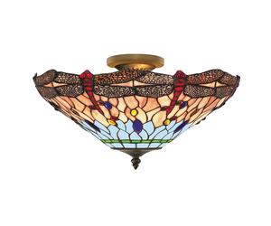 3 Lights Antique Brass Finish Semi-Flush Ceiling Light with Stained Glass Shade