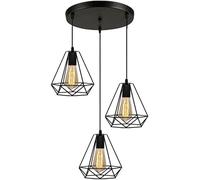 3 Lights Diamond Chandelier Black Wire Shrouded Pendant Light E27 Base Fixture, V-intage Ceiling Lighting,Pendant Ceiling Light
