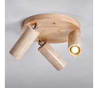 3-Lights Wood Ceiling Spotlight Natural Stone Fixed Tracking Lights Adjustable Round Flush Mount Ceiling Spot Lights, Yellow Travertine Directional Spotlights Lamps