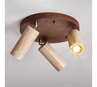 3-Lights Wood Ceiling Spotlight Natural Stone Fixed Tracking Lights Adjustable Round Flush Mount Ceiling Spot Lights, Yellow Travertine Directional Spotlights Lamps