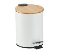 Relaxdays Step Pedal Bin, 3 Litre, Soft-close Bamboo Lid, Removable Inside, Bathroom Cosmetic Waste, Metal, White, Iron, 23.5 x 17 x 21 cm