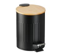 Relaxdays Step Pedal Bin, 3 Litre, Soft-close Mechanism, Removable Inside, Bathroom Cosmetic Waste, Metal, Bamboo, Black, Iron, 23.5 x 17 x 21.5 cm