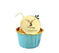 3 LITTLE DESSERTS Engraved Acrylic Cupcake Toppers - Set of 6 - Christmas Cupcake Toppers - Reusable Cupcake Discs - Christmas Cake Toppers - Christmas Party Decorations - Deer Head - Gold