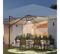 Outsunny 3(m) Cantilever Roma Parasol Garden Sun Umbrella Outdoor Patio with 360° Rotation Crank & Tilt Aluminium Frame LED Solar Light Cross Base, Brown