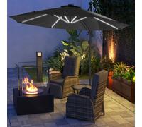 3(m) Solar LED Cantilever Parasol Adjustable Garden Umbrella w/ Base Outsunny Dark Grey One Size