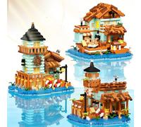 3 Mini Fishing Village Wood Cabins Micro Building Blocks Toy Set, Waterfront Hut Architecture Model with Tower & Dock, Creative STEM Natural Construction Collection Gift for Adult, Teen(3000+PCS)