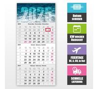 3-Month Calendar 2025 with Date Slider - Wall Calendar 30 x 49 cm for Optimal Planning, Wall Planner 3 Months Overview, 3 Month Planner, KW Weeks Overview, Holidays DE, A, CH, Motif: Water