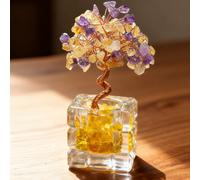 【£3 off over £10】JU7CER 1PC Citrine Tree with Treasure Bowl Teacup - Natural Crystal Chip Money Tree, Mixed Decoration of Amethyst & Yellow Crystal, Wealth Tree Ornament for Office, Home & Wedding Dec