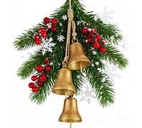 3 Old-Fashioned Cow Bells Hanging Ornament, Antique-Style Brass Metal with Jute Loop, Shabby Christmas Tree Pendent, Wreath, Porch Hanging, Leisure Grange Bells Set (B)