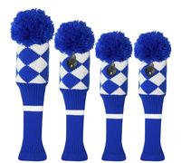 3 or 4 Pack Pom Golf Head Covers for Woods 1 3 5 Driver Fairway Hybrids Wood HeadCovers Set with Number Tag Knitted Golf Head Covers (Cyan 1335)