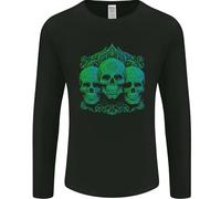 3 Ornate Green Skulls Gothic Goth Mens Long Sleeve T-Shirt Black XL