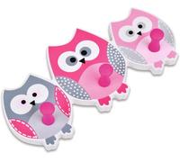 3 Owl Hooks On Wooden Backing Plate - Pink, Grey & White Wall Mounted Hook Set For Kids Bedroom - Measures 10.5 X 23 X 1Cm