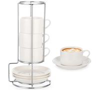 3 oz Espresso Cup Set of 4, Porcelain Coffee Cups with Saucers & Metal Stand, Stackable Ceramic Cappuccino Drinkware Set for Coffee Drinks, Latte, Tea