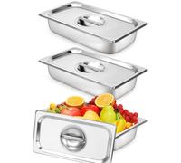 3 Pack 1/3 GN Gastronorm Pans with Lids, Stainless Steel, 6.2 cm Deep