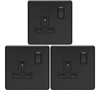 3 PACK 1 Gang DP 13A Switched UK Plug Socket SCREWLESS MATT BLACK Wall Power