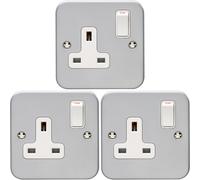 3 PACK 1 Gang Single 13A Switched UK Plug Socket HEAVY DUTY METAL CLAD Power