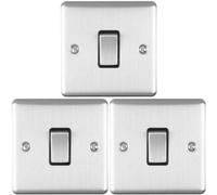 3 PACK 1 Gang Single Light Switch SATIN STEEL 2 Way 10A Black Trim & Metal