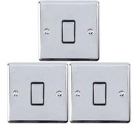 3 PACK 1 Gang Single Metal Light Switch POLISHED CHROME 2 Way 10A Black Trim