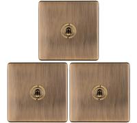 3 Pack 1 Gang Single Retro Toggle Light Switch SCREWLESS Antique Brass 10A 2 Way - Classic Vintage Style Flick Lever Wall Plate