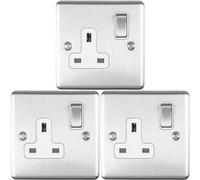 3 PACK 1 Gang Single UK Plug Socket SATIN STEEL 13A Switched White Trim Plate