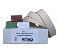 3 Pack 1" x 18" Leather Strop Belts with Green, White, and Brown Compounds