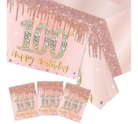 3 Pack 100th Birthday Decorations Rose Gold 100 Years Old Birthday Tablecloth Plastic Disposable Table Cover for Women Anniversary Decor Supplies