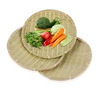 3 Pack 12inch Bamboo Basket Tray, Wicker Bread Baskets, 100% Natural Handmade Woven Fruit Baskets, U Shape Holder Flat Shallow Vegetables Serving Basket, Stackable
