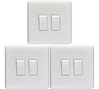 3 PACK 2 Gang Double 10A Light Switch 2 Way - WHITE PLASTIC Wall Plate Rocker