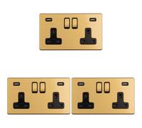 3 PACK 2 Gang Double 13A UK Plug Socket & 2.1A USB-A SCREWLESS SATIN BRASS