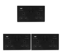 3 PACK 2 Gang Double 13A UK Plug Socket & 2x 3.1A USB-C & A SCREWLESS MATT BLACK