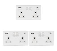 3 PACK 2 Gang Double 13A UK Plug Socket & 2x 3.1A USB-C & A SCREWLESS MATT WHITE