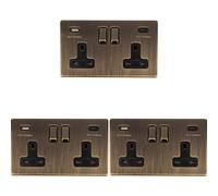 3 PACK 2 Gang Double 13A UK Plug Socket & 2x 3.1A USB-C SCREWLESS ANTIQUE BRASS