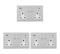 3 PACK 2 Gang Double 13A UK Plug Socket & 2x 3.1A USB-C SCREWLESS CHROME Charger