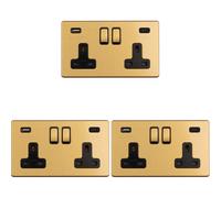 3 PACK 2 Gang Double 13A UK Plug Socket & 2x 3.1A USB-C SCREWLESS SATIN BRASS
