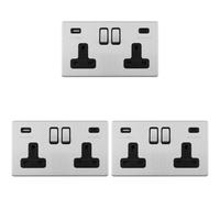 3 PACK 2 Gang Double 13A UK Plug Socket & 2x 3.1A USB-C SCREWLESS SATIN STEEL